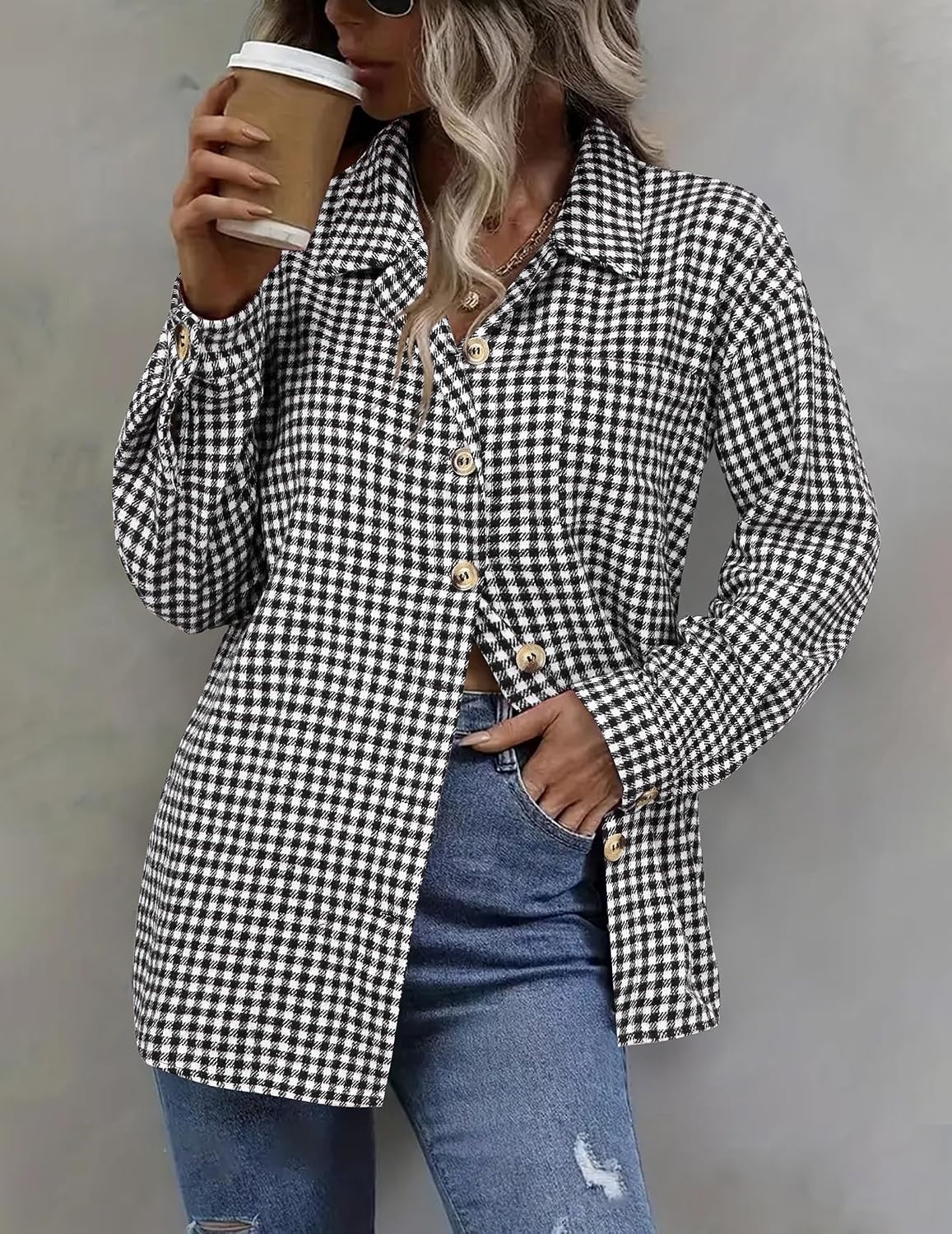 image:imageZeagoo Women Flannel Shacket Jacket Plaid Button Down Long Sleeve ShirtHoundstooth 1