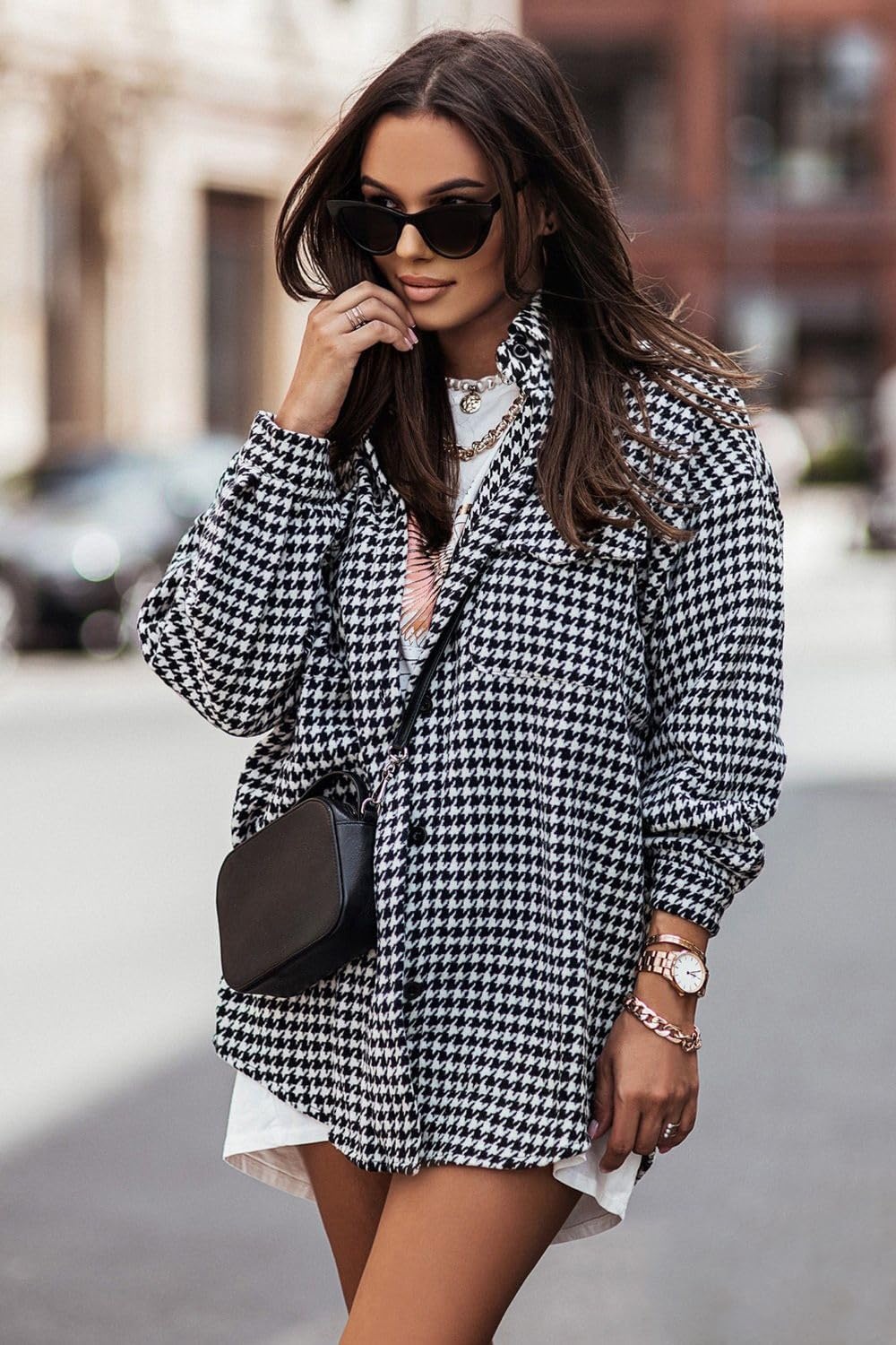 image:imageZeagoo Women Flannel Shacket Jacket Plaid Button Down Long Sleeve ShirtHoundstooth 1