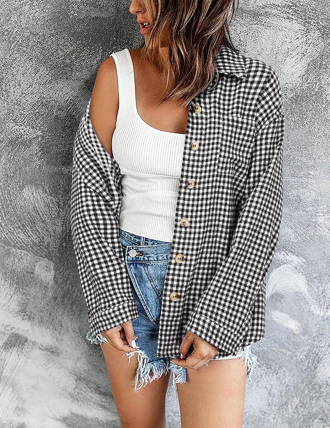 image:imageZeagoo Women Flannel Shacket Jacket Plaid Button Down Long Sleeve ShirtHoundstooth 1