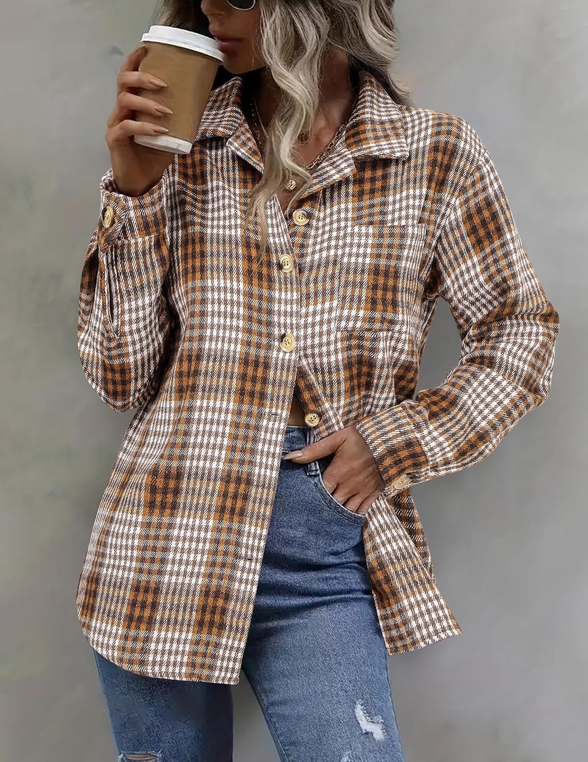 image:imageZeagoo Women Flannel Shacket Jacket Plaid Button Down Long Sleeve ShirtHoundstooth 2