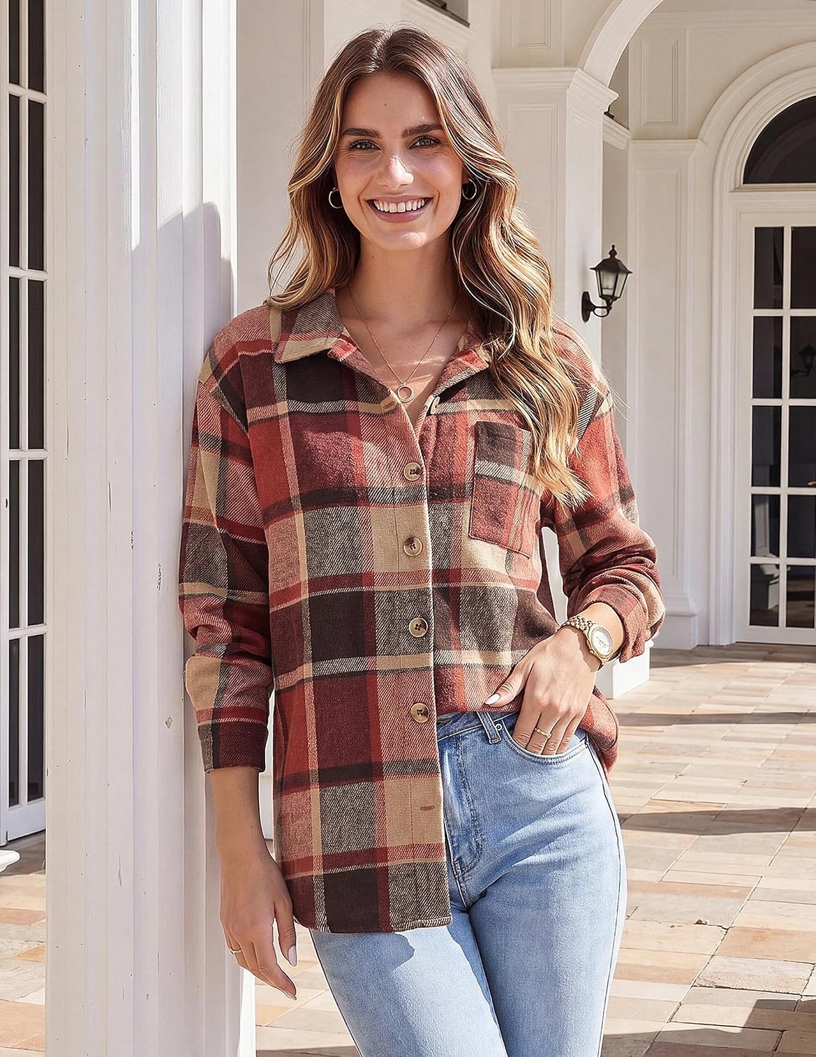image:imageZeagoo Women Flannel Shacket Jacket Plaid Button Down Long Sleeve ShirtOrange