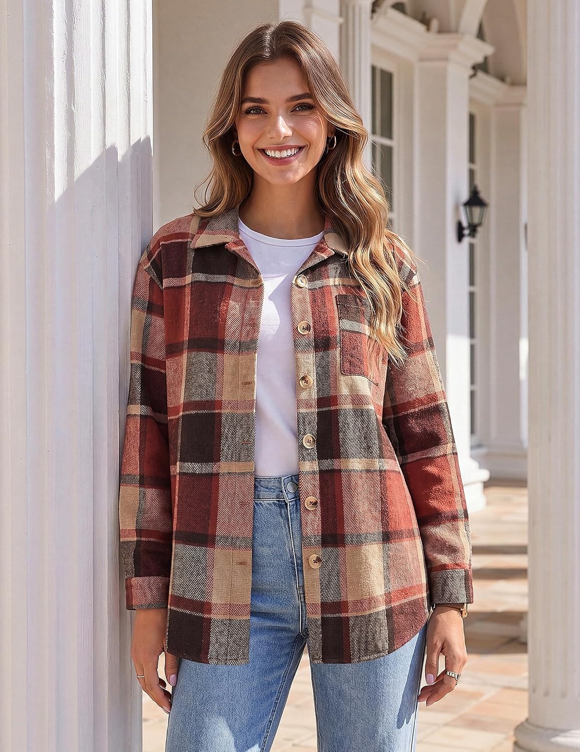 image:imageZeagoo Women Flannel Shacket Jacket Plaid Button Down Long Sleeve ShirtOrange