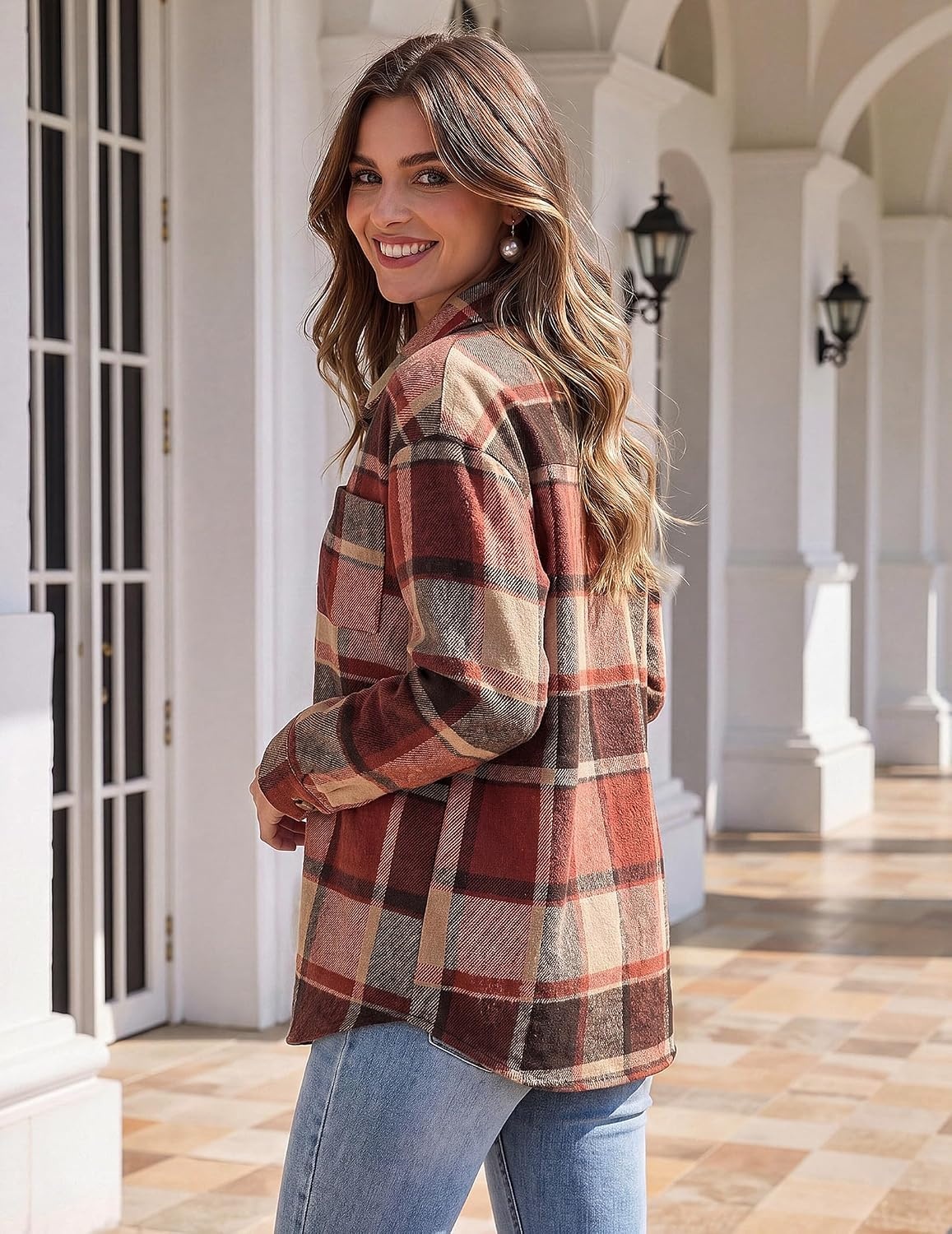 image:imageZeagoo Women Flannel Shacket Jacket Plaid Button Down Long Sleeve ShirtOrange