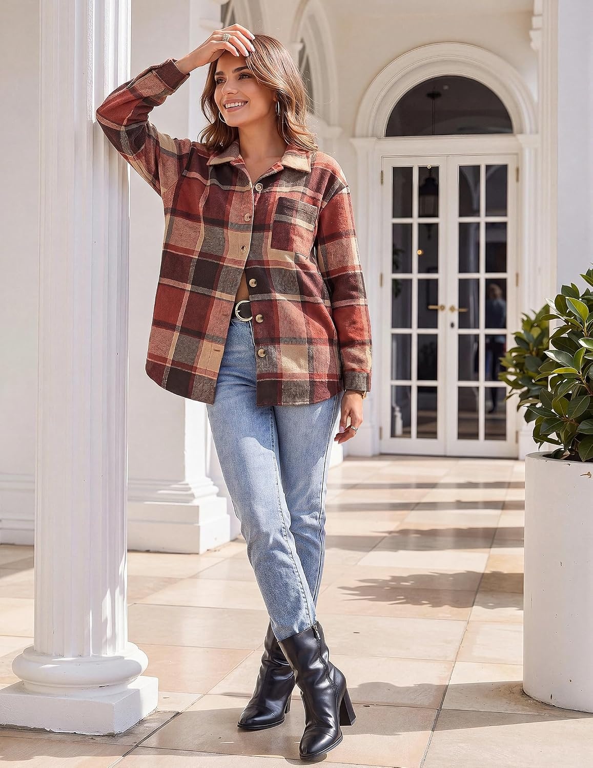 image:imageZeagoo Women Flannel Shacket Jacket Plaid Button Down Long Sleeve ShirtOrange