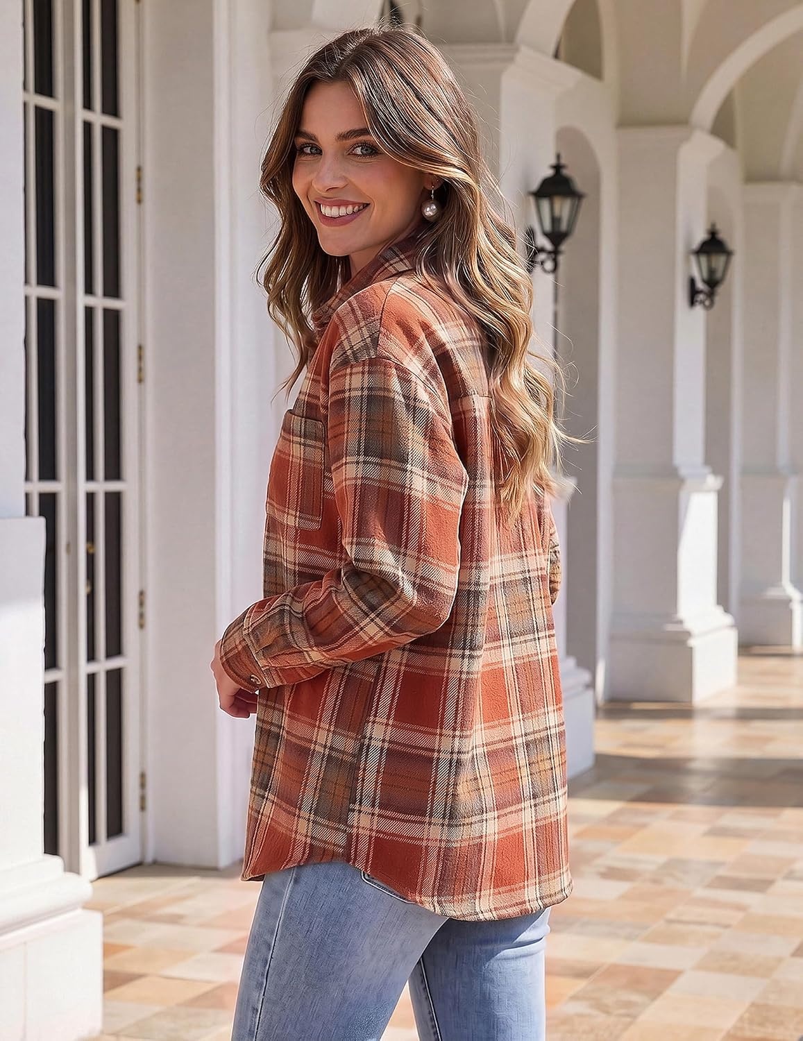 image:imageZeagoo Women Flannel Shacket Jacket Plaid Button Down Long Sleeve ShirtOrange Plaidgz867