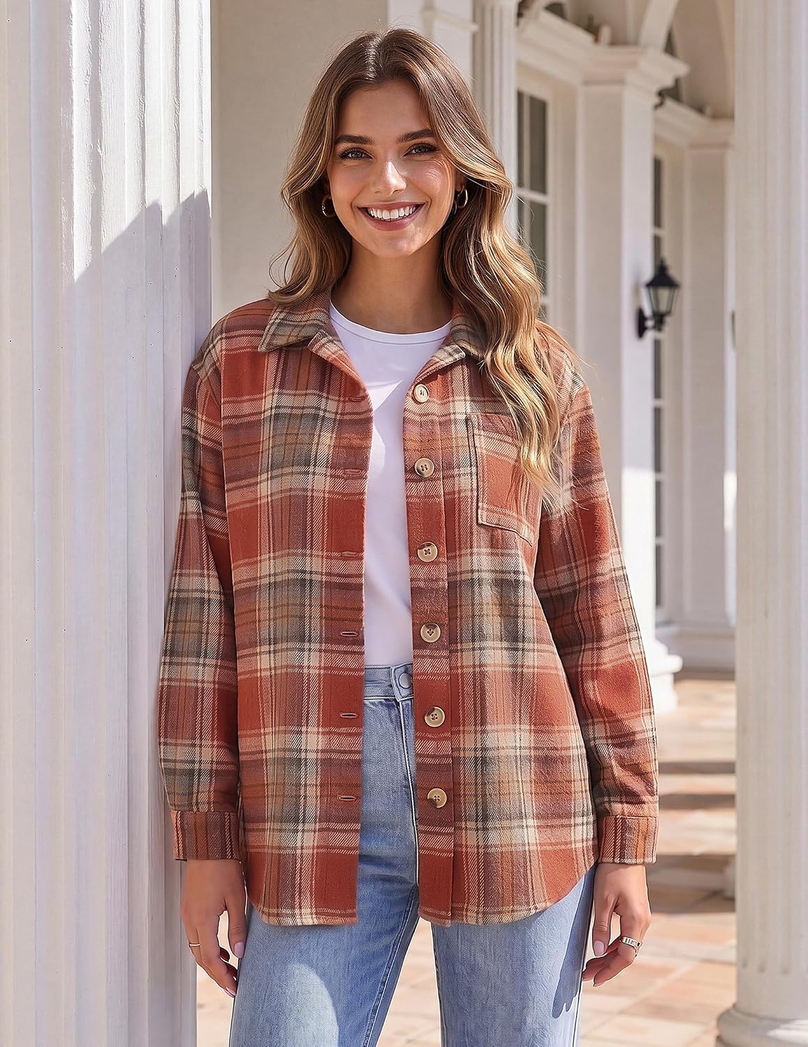 image:imageZeagoo Women Flannel Shacket Jacket Plaid Button Down Long Sleeve ShirtOrange Plaidgz867