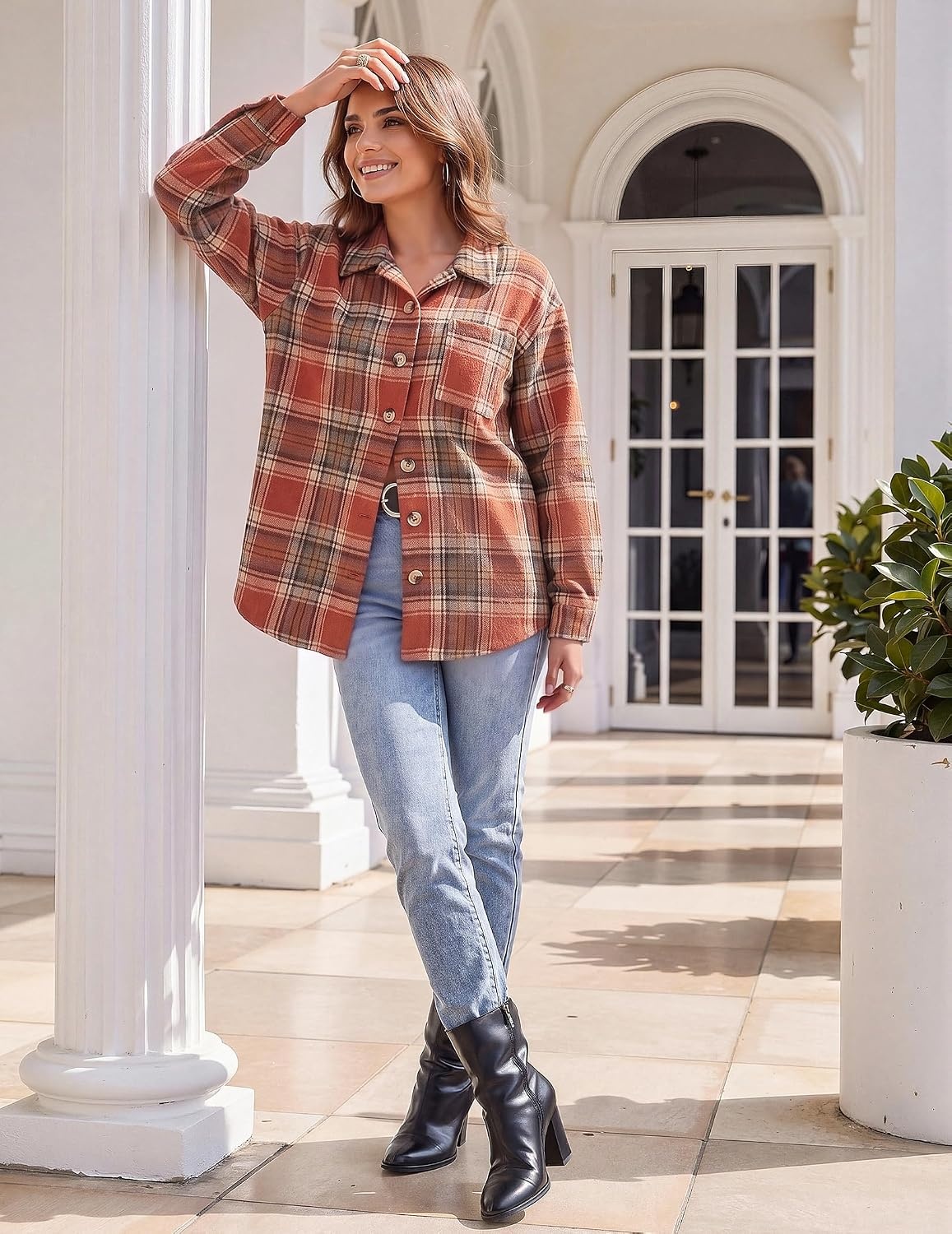 image:imageZeagoo Women Flannel Shacket Jacket Plaid Button Down Long Sleeve ShirtOrange Plaidgz867