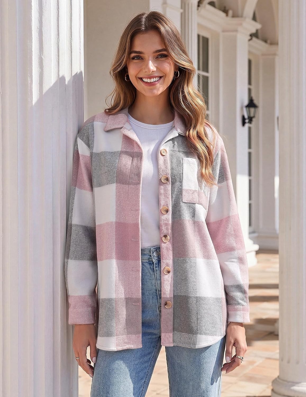 image:imageZeagoo Women Flannel Shacket Jacket Plaid Button Down Long Sleeve ShirtPink Greygz695
