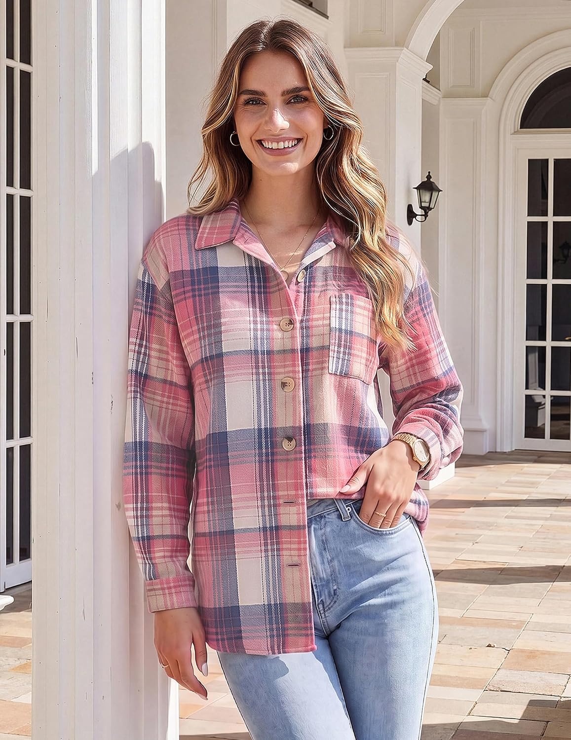 image:imageZeagoo Women Flannel Shacket Jacket Plaid Button Down Long Sleeve ShirtPink Plaidgz877