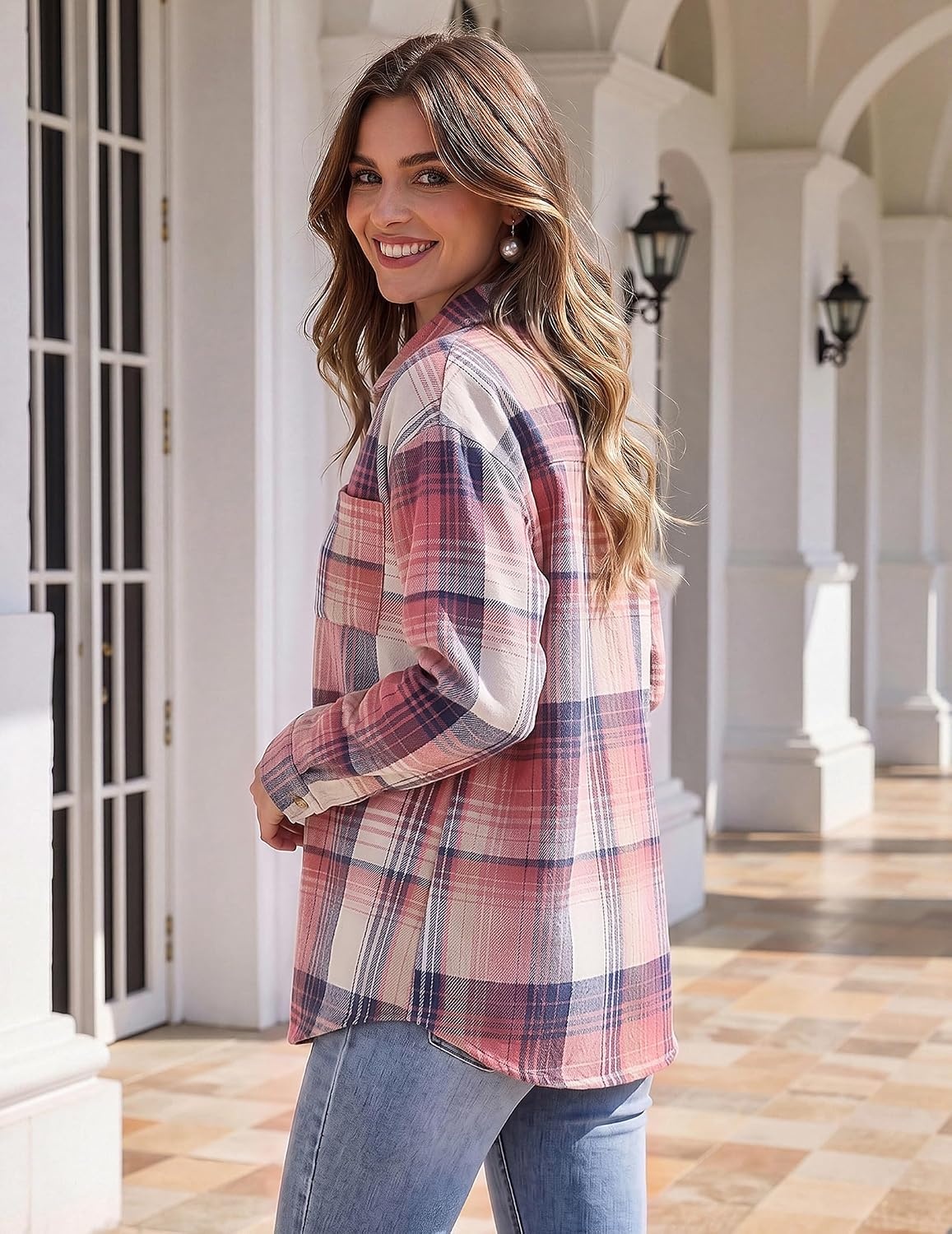 image:imageZeagoo Women Flannel Shacket Jacket Plaid Button Down Long Sleeve ShirtPink Plaidgz877