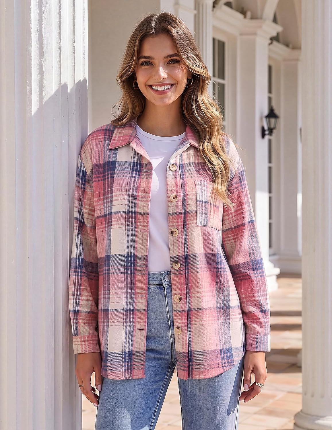 image:imageZeagoo Women Flannel Shacket Jacket Plaid Button Down Long Sleeve ShirtPink Plaidgz877