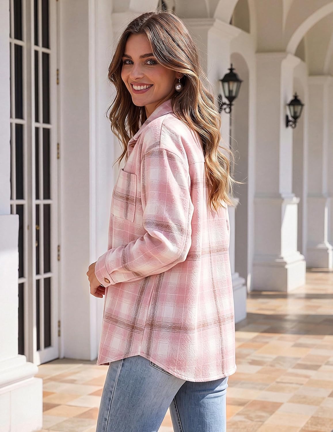 image:imageZeagoo Women Flannel Shacket Jacket Plaid Button Down Long Sleeve ShirtPinkgz854