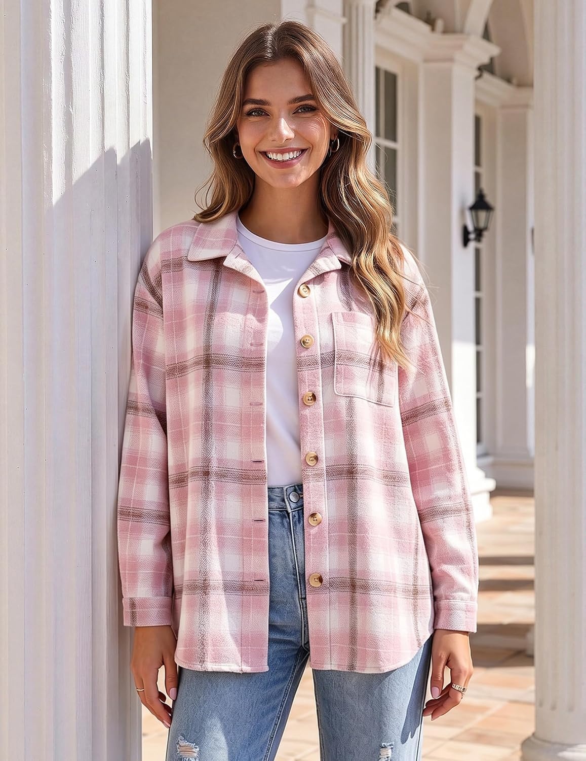 image:imageZeagoo Women Flannel Shacket Jacket Plaid Button Down Long Sleeve ShirtPinkgz854