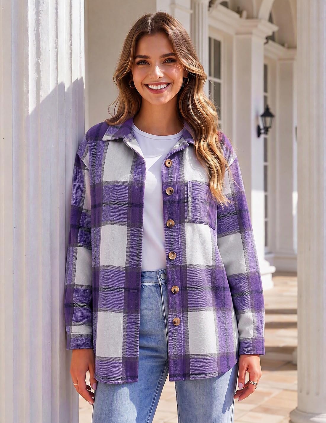 image:imageZeagoo Women Flannel Shacket Jacket Plaid Button Down Long Sleeve ShirtPurplegz680