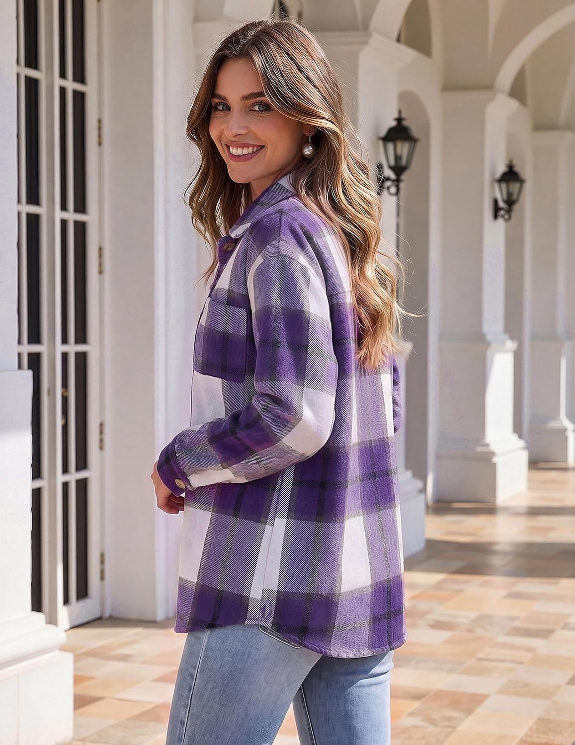 image:imageZeagoo Women Flannel Shacket Jacket Plaid Button Down Long Sleeve ShirtPurplegz680