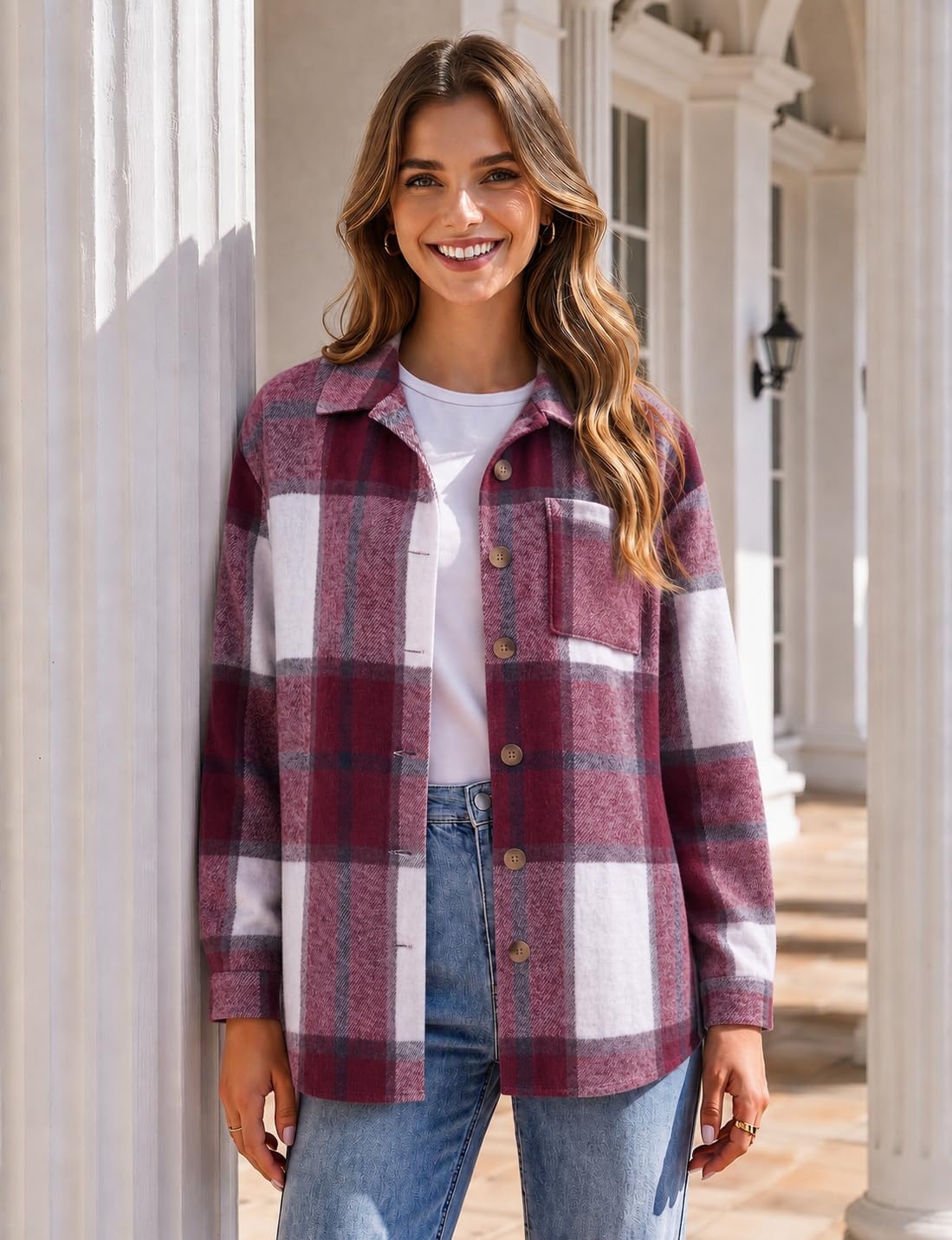 image:imageZeagoo Women Flannel Shacket Jacket Plaid Button Down Long Sleeve ShirtRed Plaidgz543