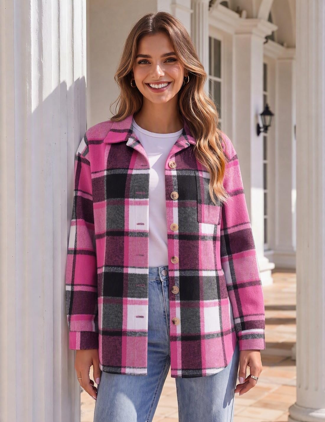 image:imageZeagoo Women Flannel Shacket Jacket Plaid Button Down Long Sleeve ShirtRose Redgw44