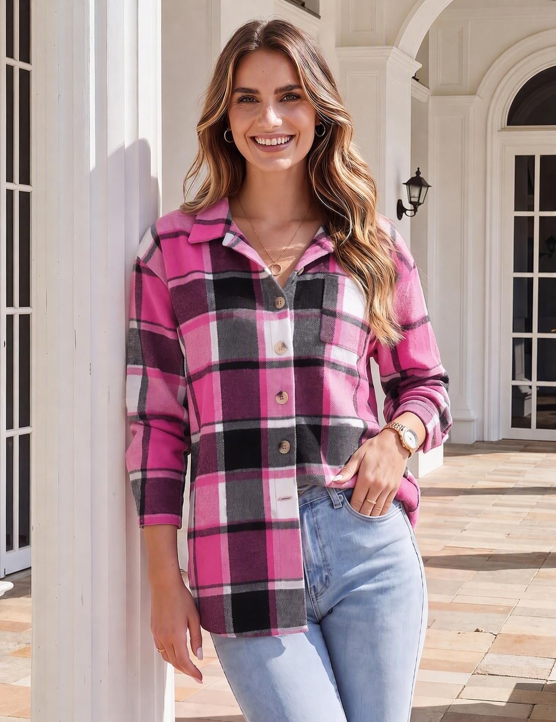 image:imageZeagoo Women Flannel Shacket Jacket Plaid Button Down Long Sleeve ShirtRose Redgw44