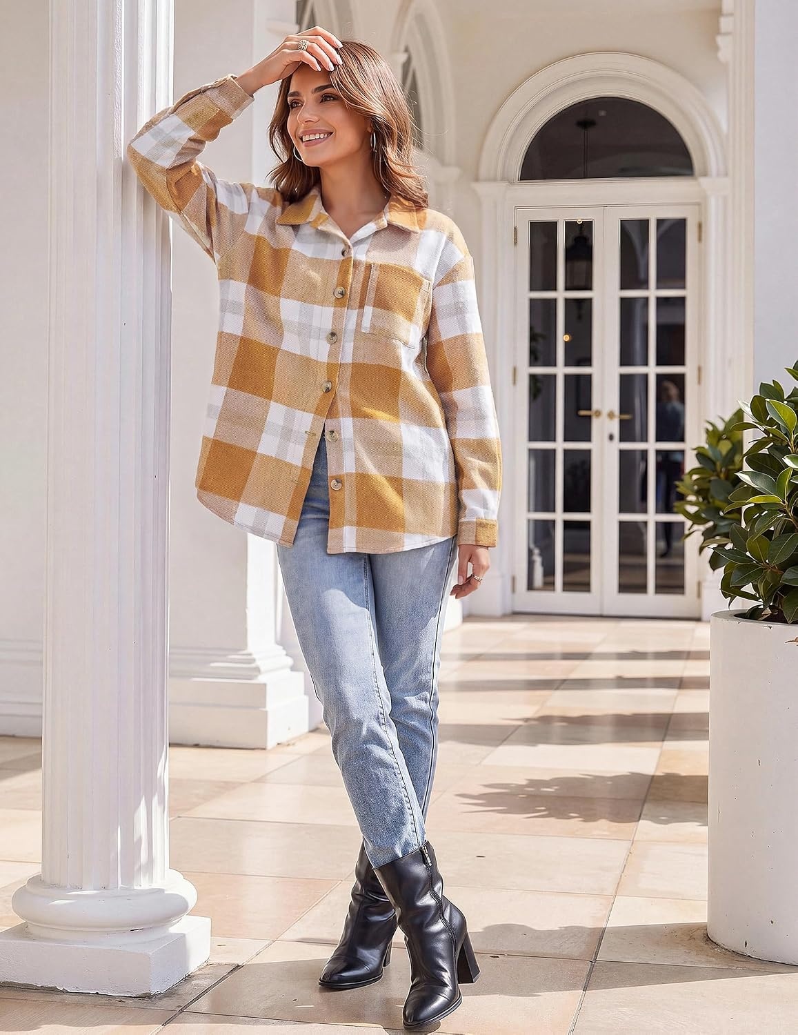 image:imageZeagoo Women Flannel Shacket Jacket Plaid Button Down Long Sleeve ShirtYellowgw578