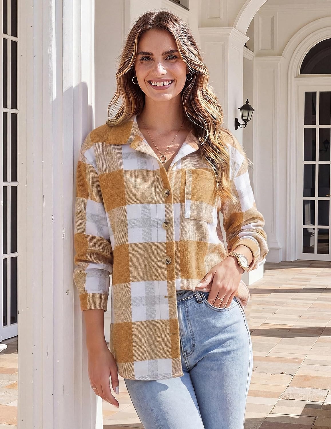 image:imageZeagoo Women Flannel Shacket Jacket Plaid Button Down Long Sleeve ShirtYellowgw578