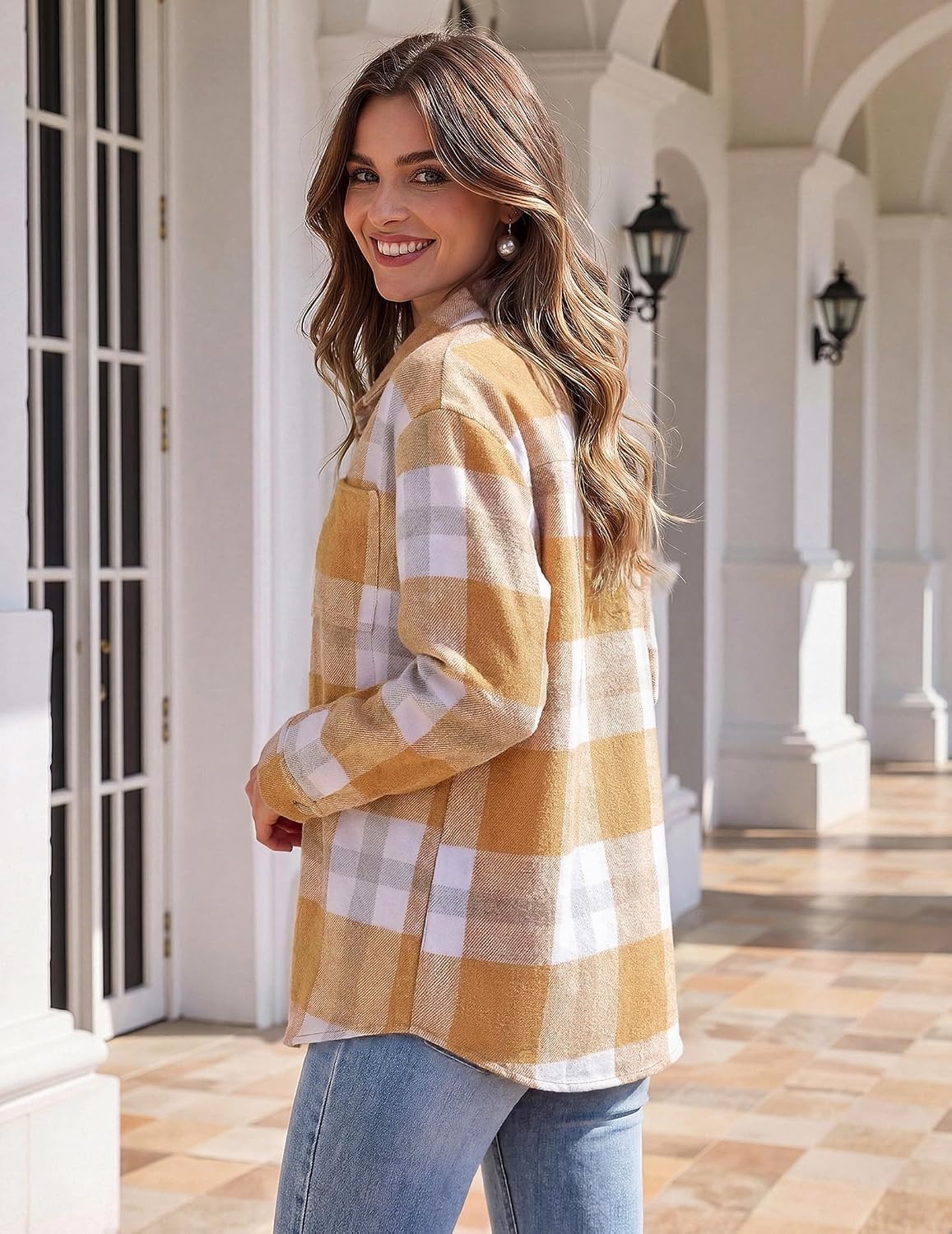 image:imageZeagoo Women Flannel Shacket Jacket Plaid Button Down Long Sleeve ShirtYellowgw578