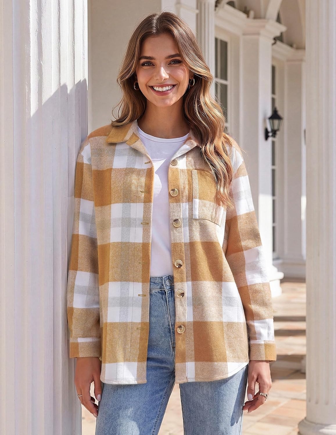 image:imageZeagoo Women Flannel Shacket Jacket Plaid Button Down Long Sleeve ShirtYellowgw578