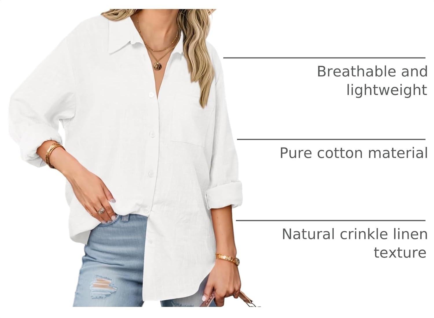 image:imageZeagoo Womens Button Down Shirts Long Sleeve Casual Cotton Gauze TopsAawhite