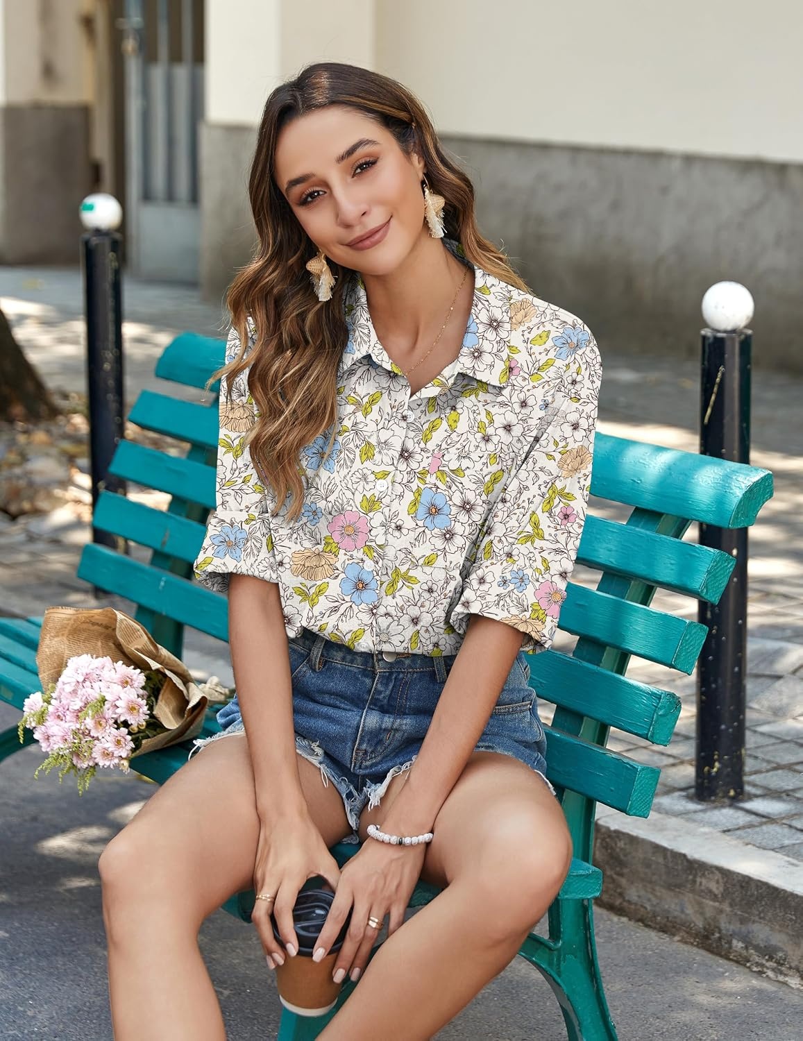image:imageZeagoo Womens Button Down Shirts Long Sleeve Casual Cotton Gauze TopsApricot Blossom