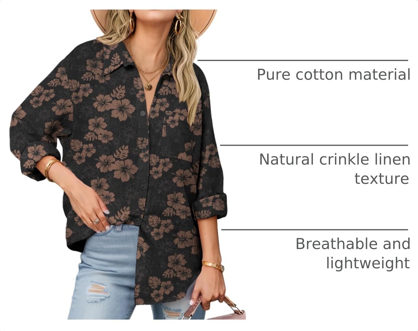 image:imageZeagoo Womens Button Down Shirts Long Sleeve Casual Cotton Gauze TopsBlack Hawaiian