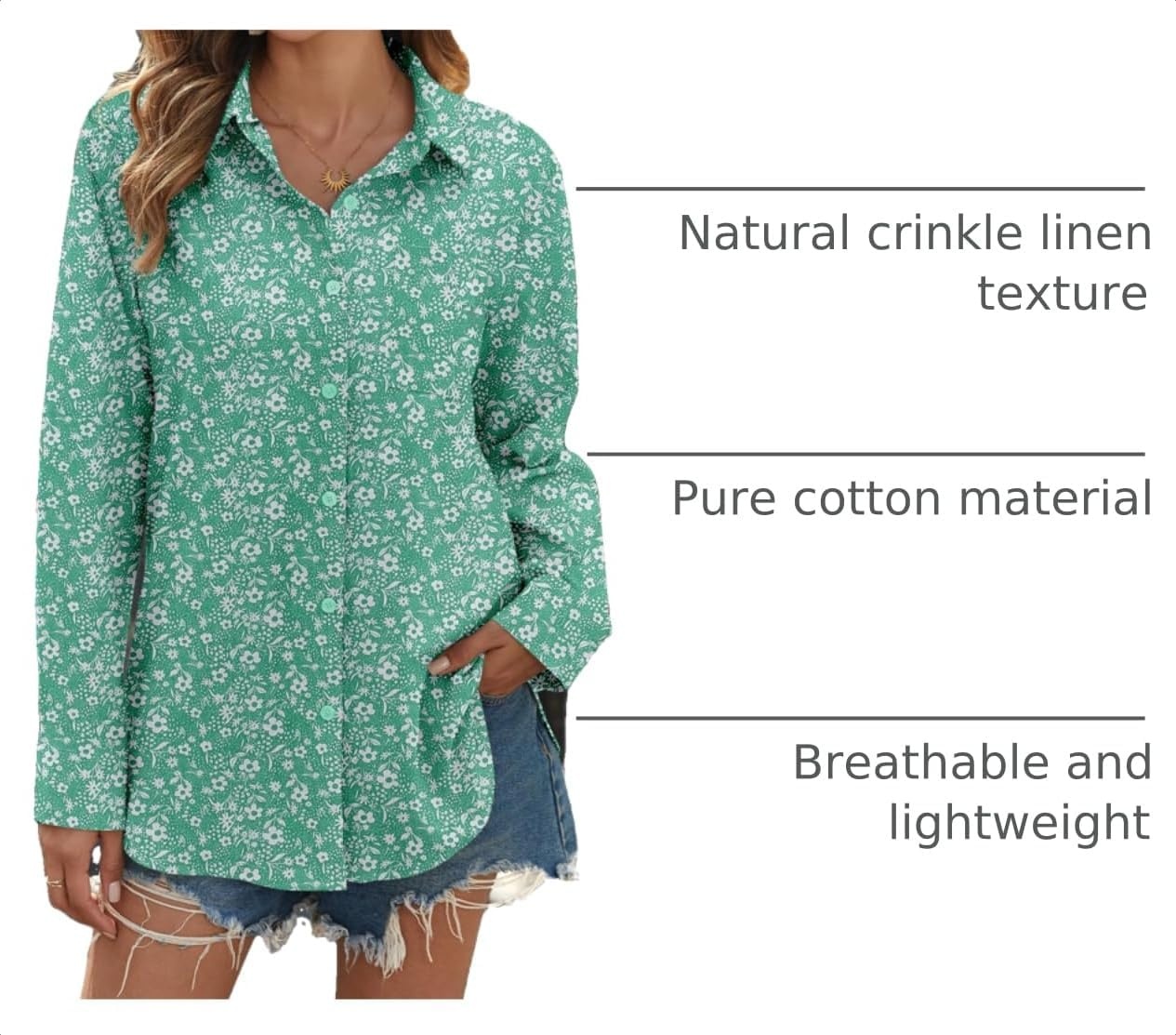 image:imageZeagoo Womens Button Down Shirts Long Sleeve Casual Cotton Gauze TopsGreen Floral