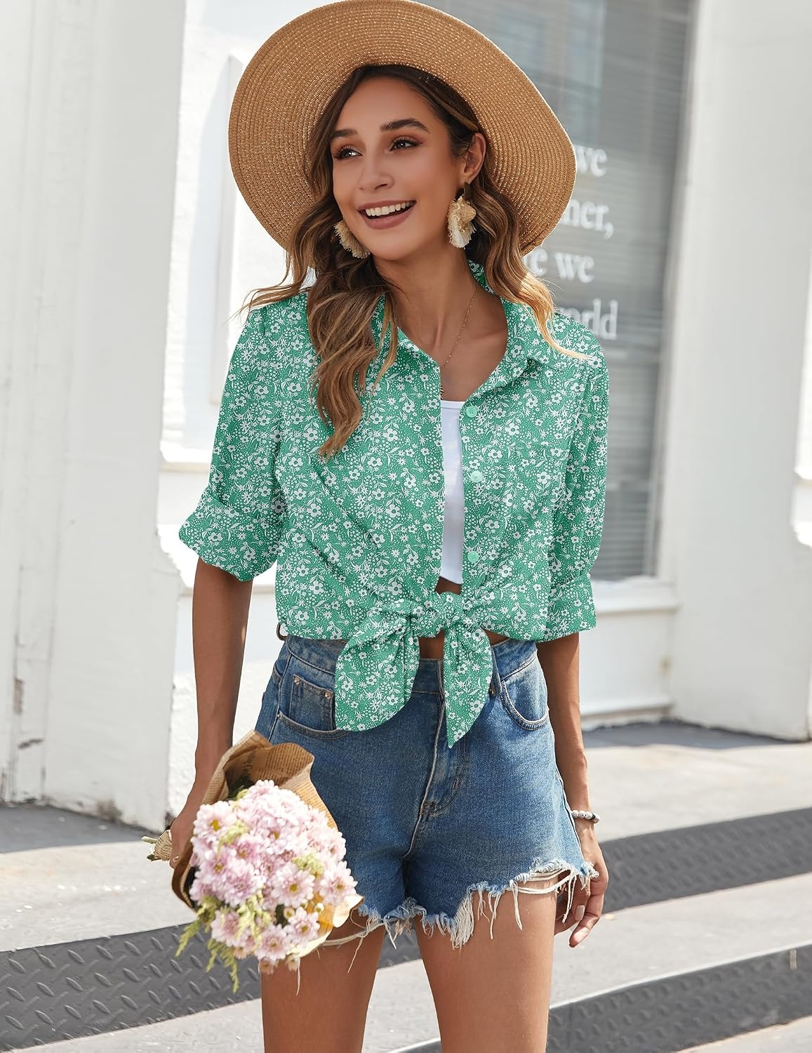 image:imageZeagoo Womens Button Down Shirts Long Sleeve Casual Cotton Gauze TopsGreen Floral