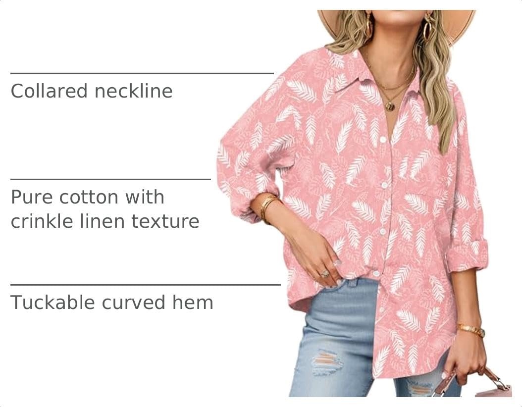 image:imageZeagoo Womens Button Down Shirts Long Sleeve Casual Cotton Gauze TopsPink Tropical