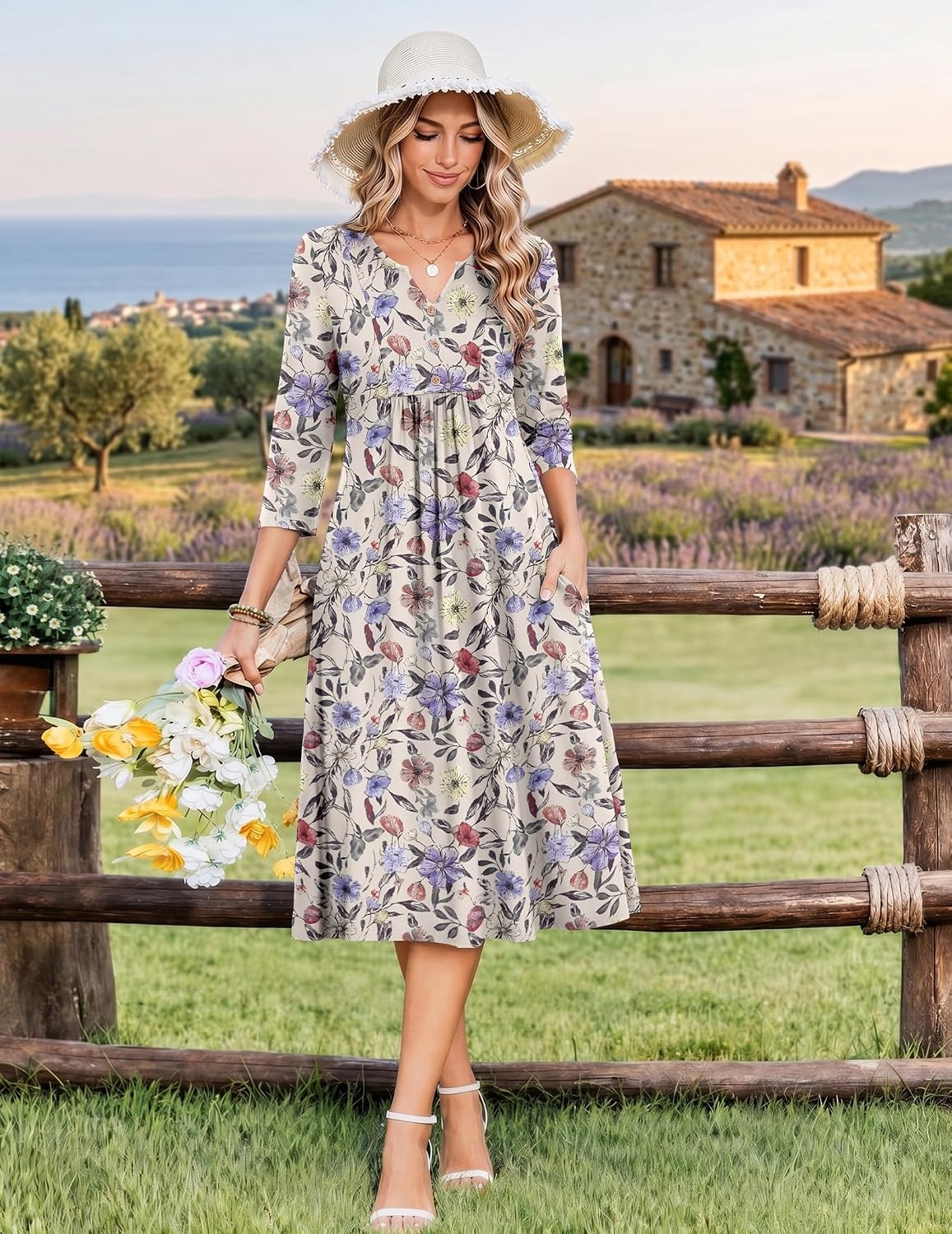 image:imageZeagoo Womens Dresses 34 Sleeve Casual Fall A Line Midi Dress with PocketsApricot Purple Flower