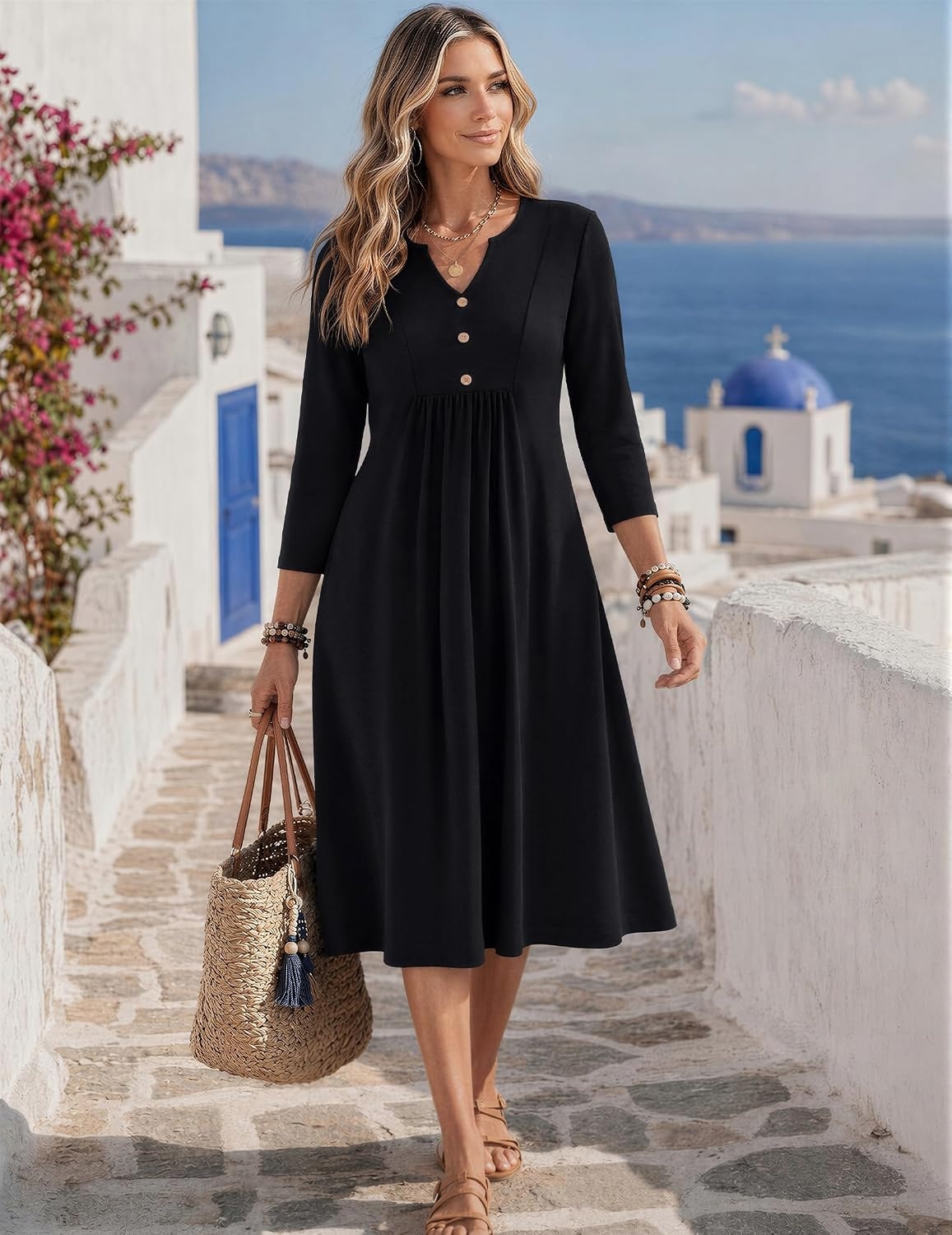 image:imageZeagoo Womens Dresses 34 Sleeve Casual Fall A Line Midi Dress with PocketsBlack