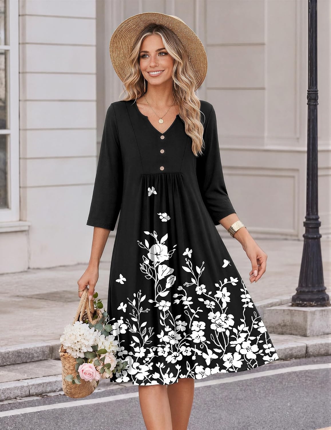 image:imageZeagoo Womens Dresses 34 Sleeve Casual Fall A Line Midi Dress with PocketsBlack White Floral