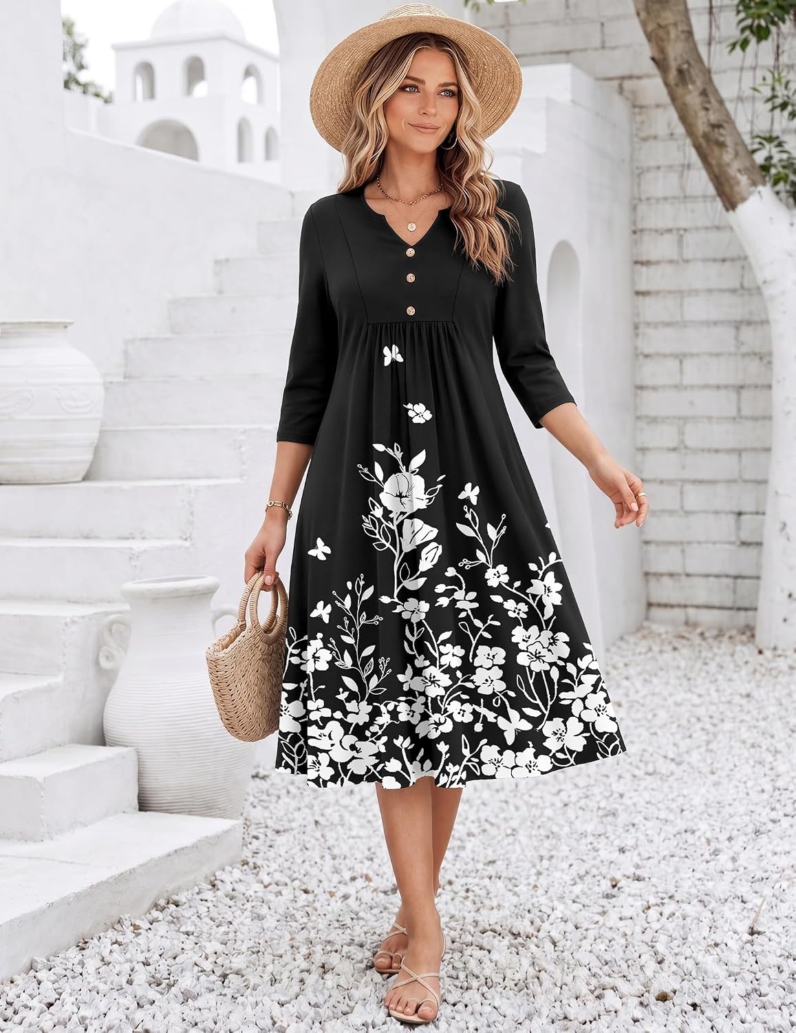 image:imageZeagoo Womens Dresses 34 Sleeve Casual Fall A Line Midi Dress with PocketsBlack White Floral