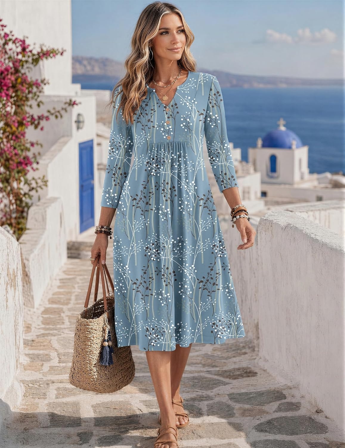 image:imageZeagoo Womens Dresses 34 Sleeve Casual Fall A Line Midi Dress with PocketsBlue Black Leaf