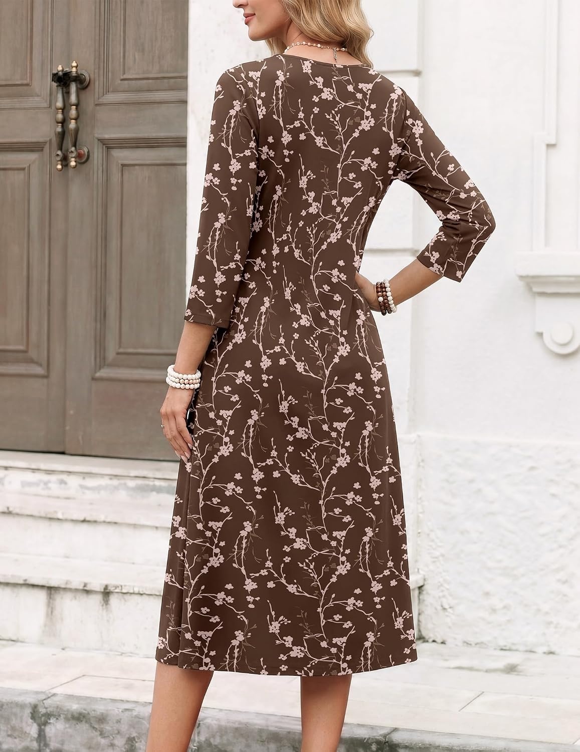 image:imageZeagoo Womens Dresses 34 Sleeve Casual Fall A Line Midi Dress with PocketsBrown Floral