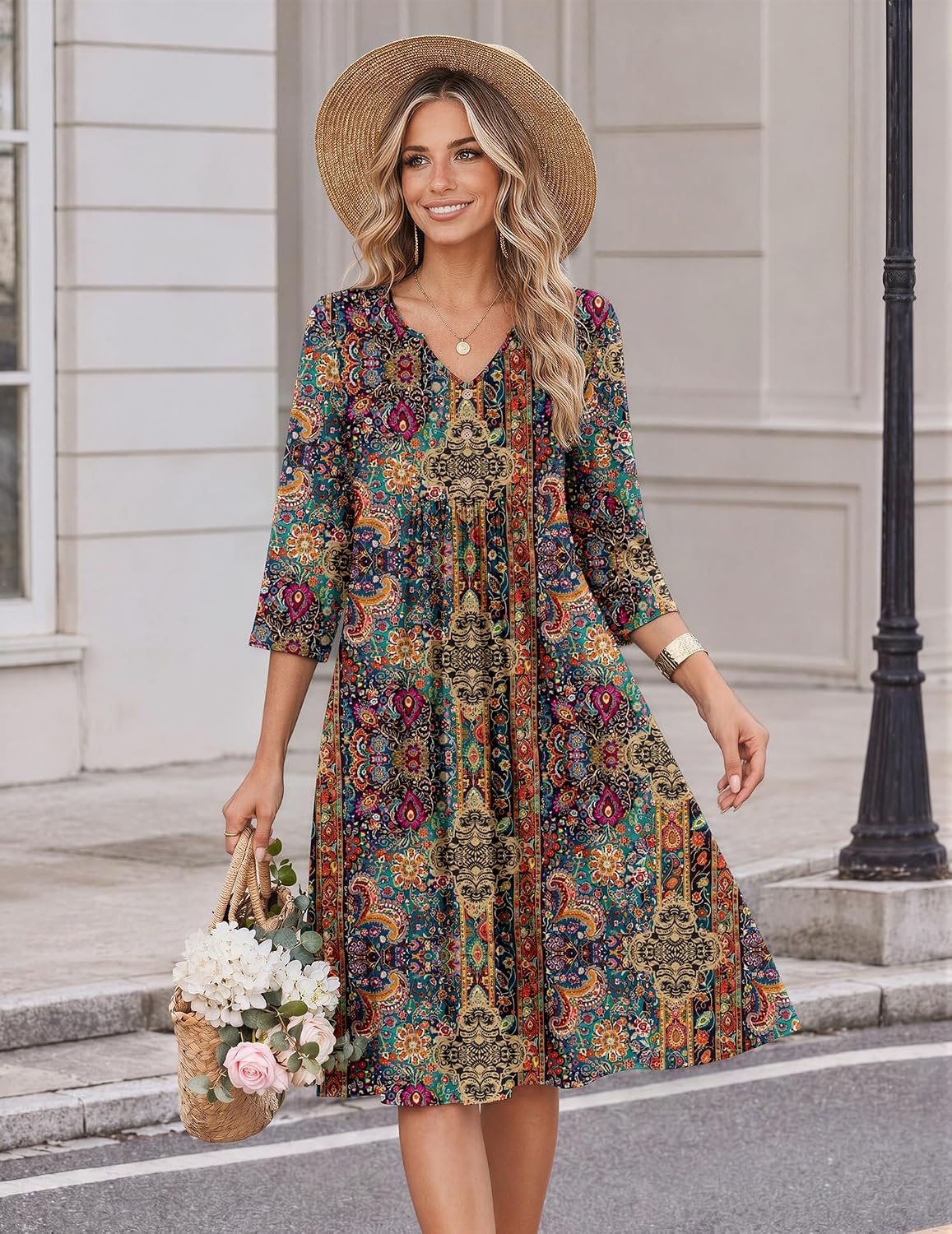 image:imageZeagoo Womens Dresses 34 Sleeve Casual Fall A Line Midi Dress with PocketsEthnic Print 01
