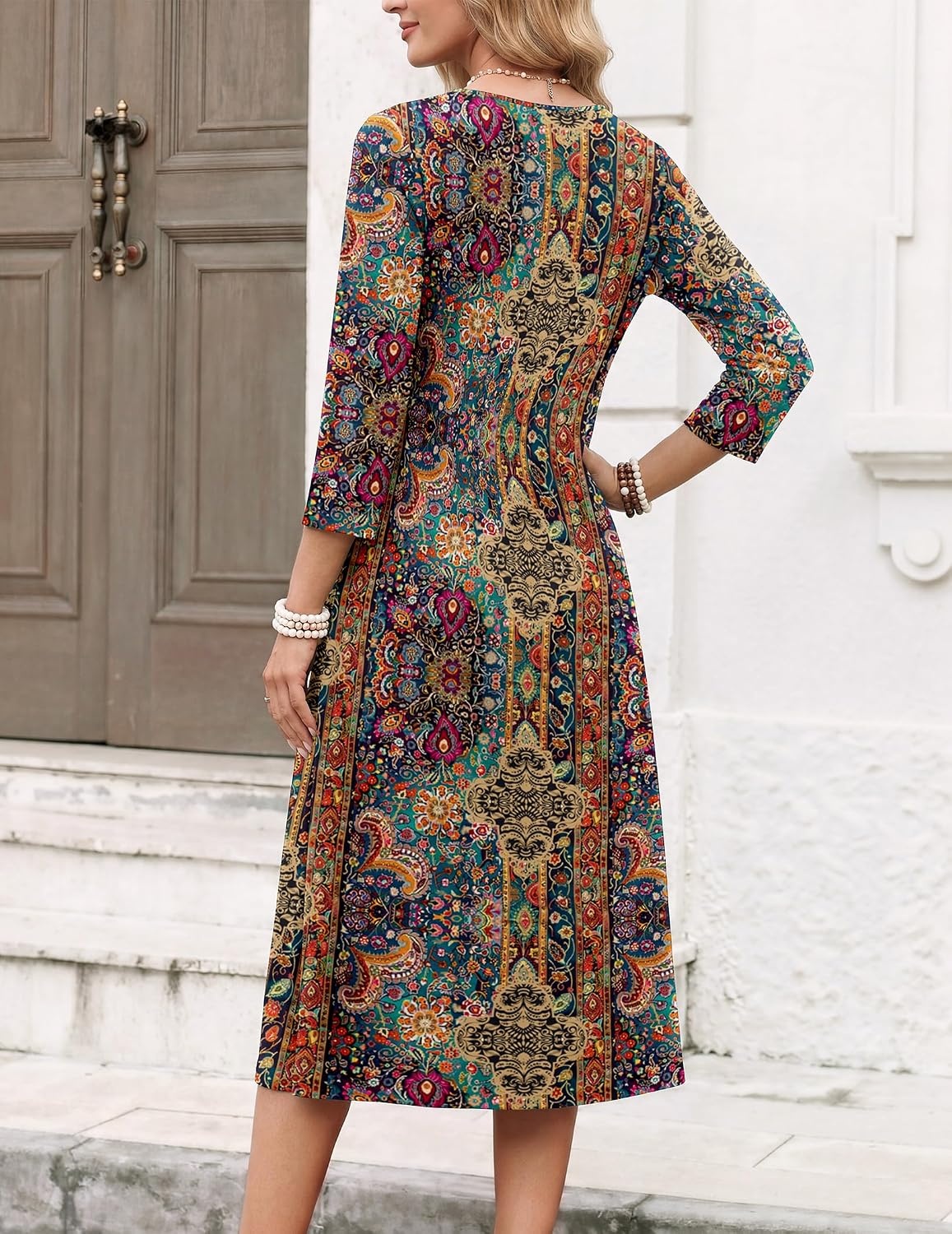 image:imageZeagoo Womens Dresses 34 Sleeve Casual Fall A Line Midi Dress with PocketsEthnic Print 01
