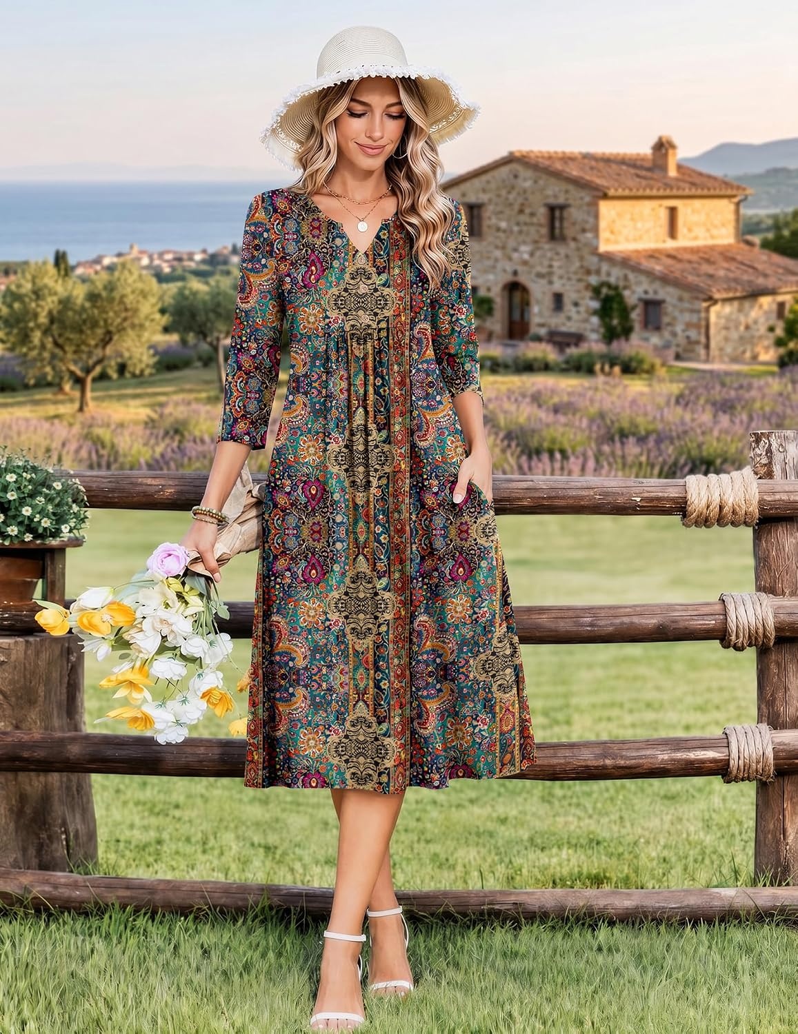 image:imageZeagoo Womens Dresses 34 Sleeve Casual Fall A Line Midi Dress with PocketsEthnic Print 01