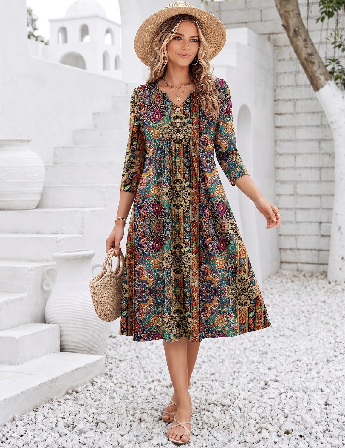 image:imageZeagoo Womens Dresses 34 Sleeve Casual Fall A Line Midi Dress with PocketsEthnic Print 01