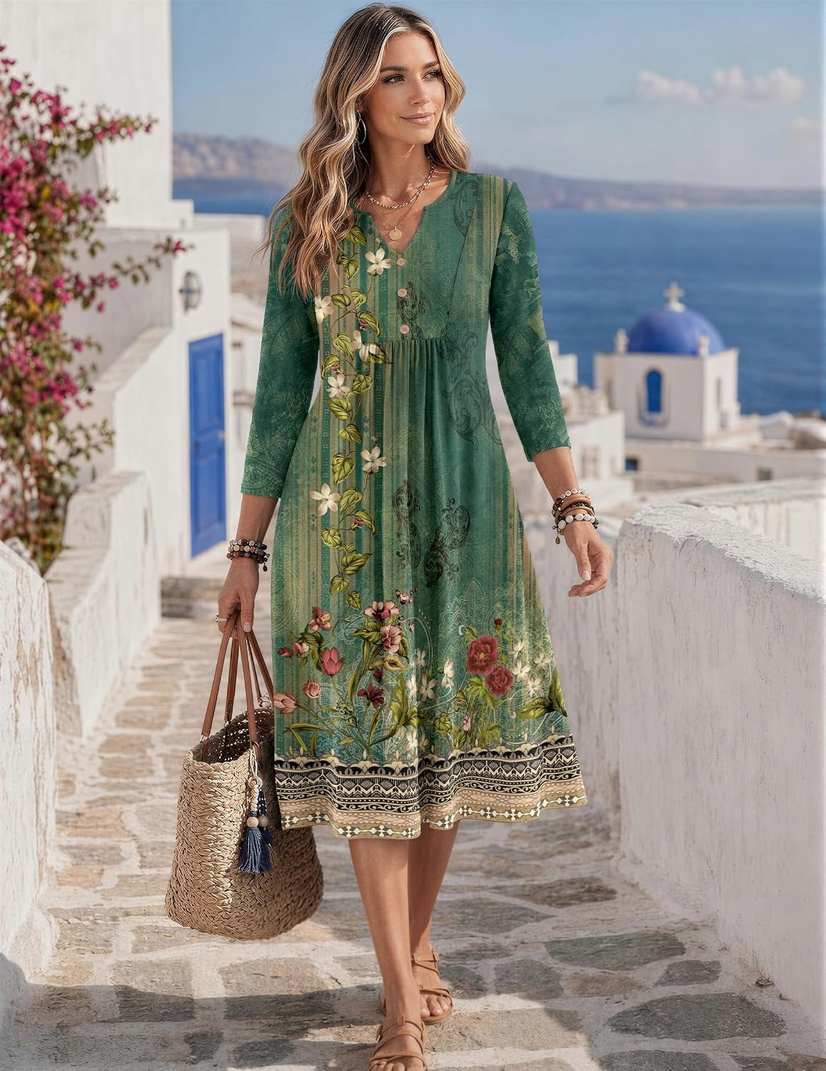 image:imageZeagoo Womens Dresses 34 Sleeve Casual Fall A Line Midi Dress with PocketsEthnic Print 02