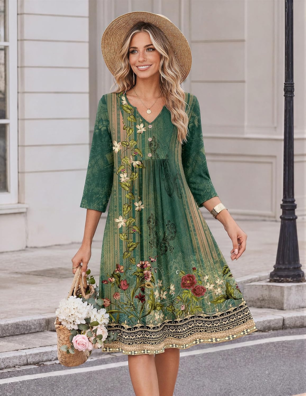 image:imageZeagoo Womens Dresses 34 Sleeve Casual Fall A Line Midi Dress with PocketsEthnic Print 02