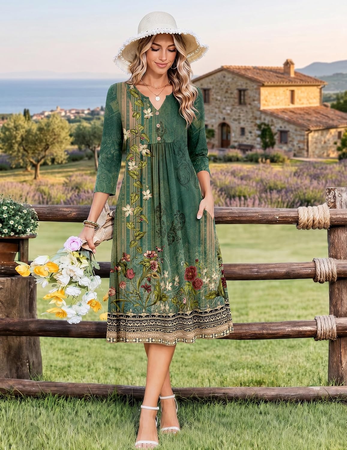 image:imageZeagoo Womens Dresses 34 Sleeve Casual Fall A Line Midi Dress with PocketsEthnic Print 02