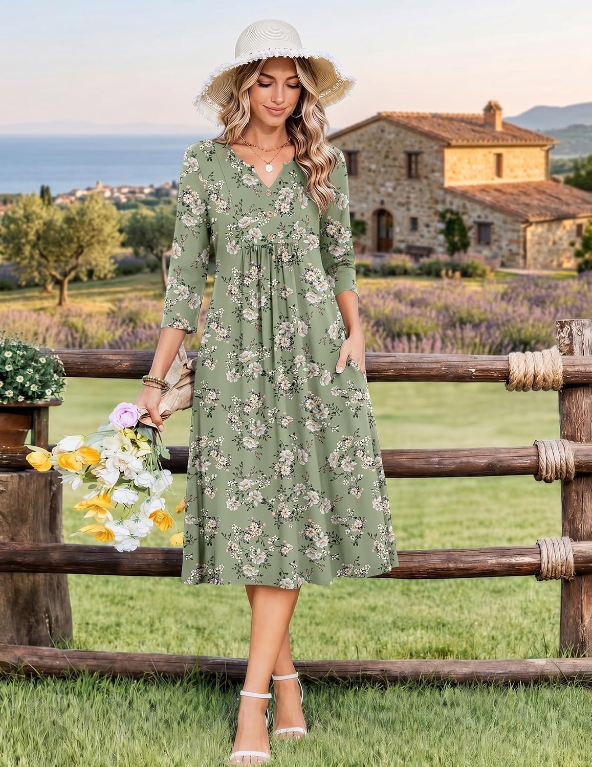 image:imageZeagoo Womens Dresses 34 Sleeve Casual Fall A Line Midi Dress with PocketsGreen White Flower