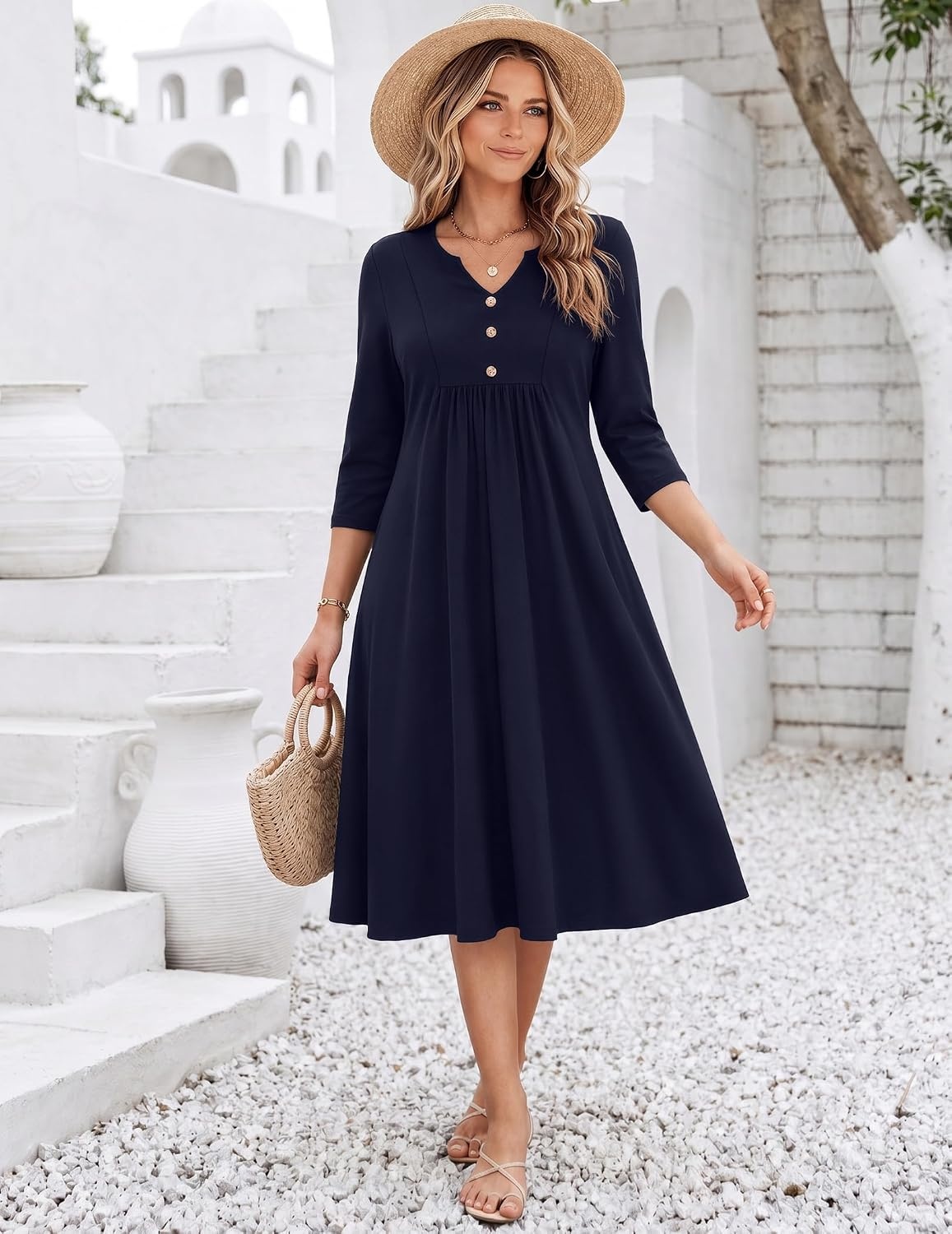 image:imageZeagoo Womens Dresses 34 Sleeve Casual Fall A Line Midi Dress with PocketsNavy Blue