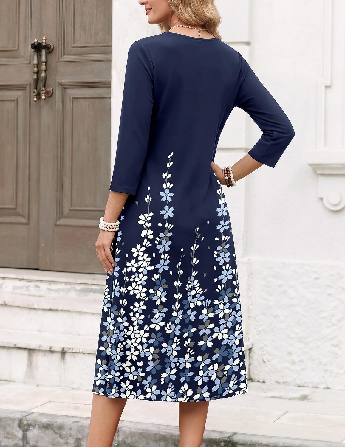 image:imageZeagoo Womens Dresses 34 Sleeve Casual Fall A Line Midi Dress with PocketsNavy Blue Floral
