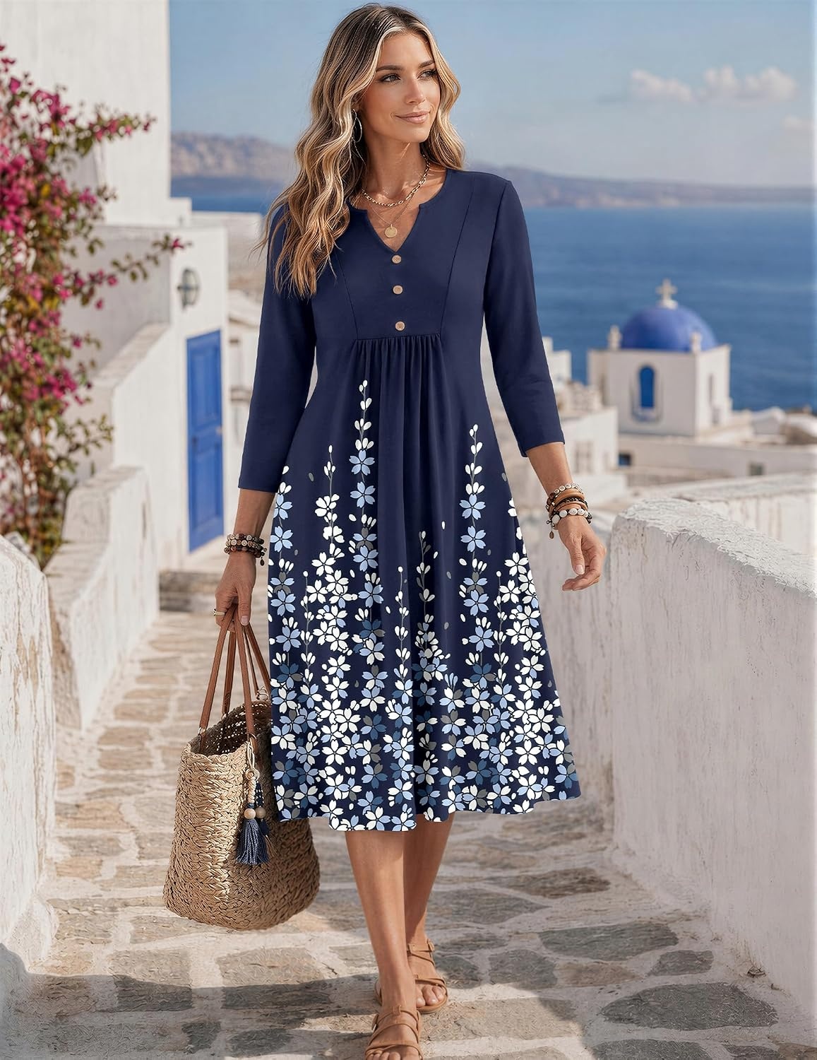 image:imageZeagoo Womens Dresses 34 Sleeve Casual Fall A Line Midi Dress with PocketsNavy Blue Floral