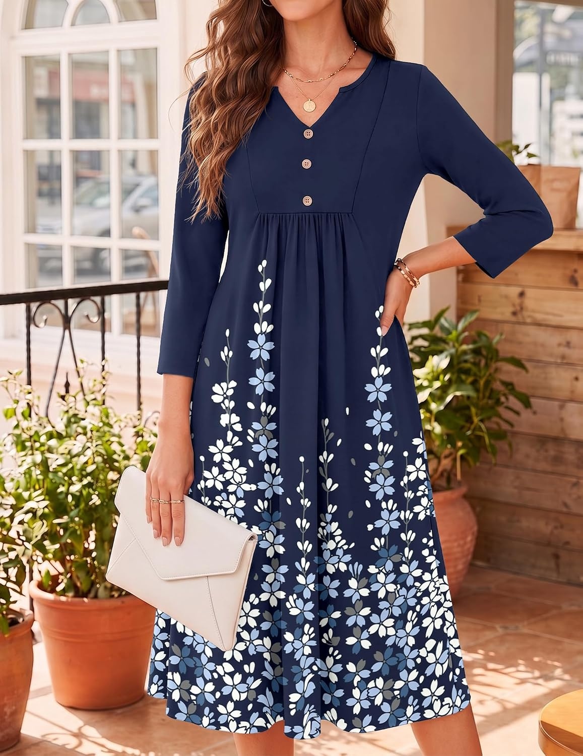 image:imageZeagoo Womens Dresses 34 Sleeve Casual Fall A Line Midi Dress with PocketsNavy Blue Floral